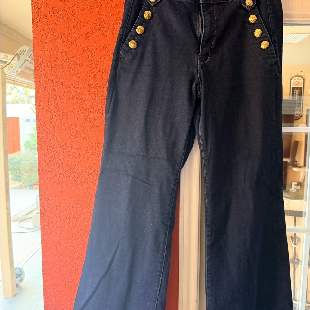 WHBM High Rise Wide Leg Curvy Jeans 12 Dark Wash Gold Nautical Buttons